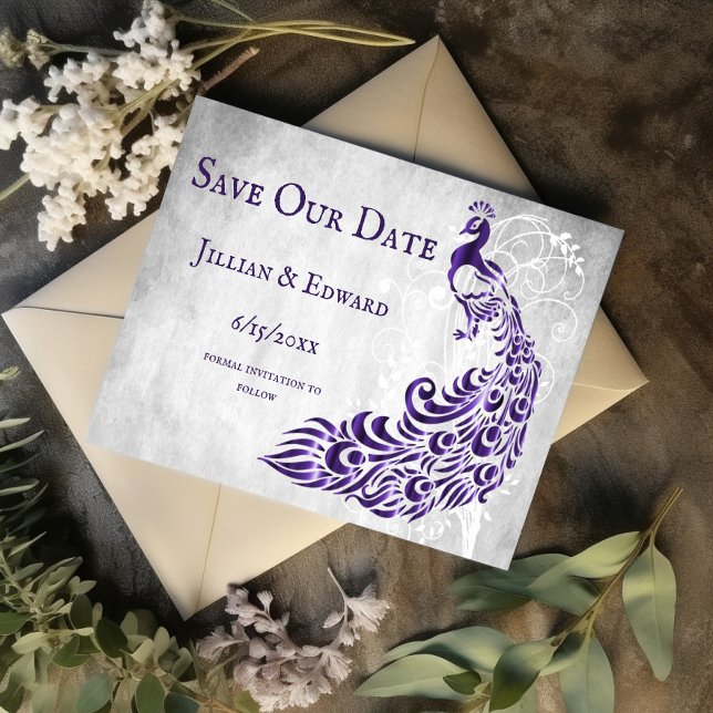 Anúncio Pêssego Púrpura Vinha Folha Salvar Data (Purple Peacock Leaf Vine Save the Date)