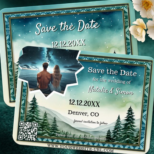 Anúncio Pine Starging Photo Winter Salvar Data (Winter Save the Date card featuring a watercolor painting of pine trees in a landscape with stars)
