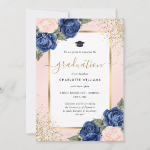 Anúncio Pink Azul Dourado Floral Moderno Graduação