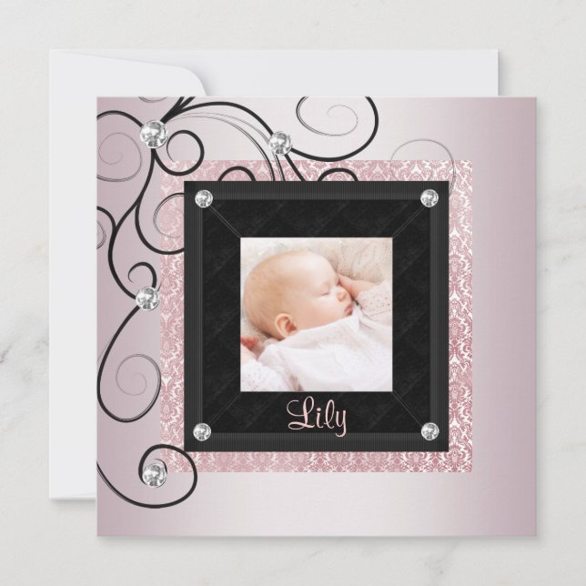 Anúncio Pink Black Damask Baby Girl Foto Birt (Frente)