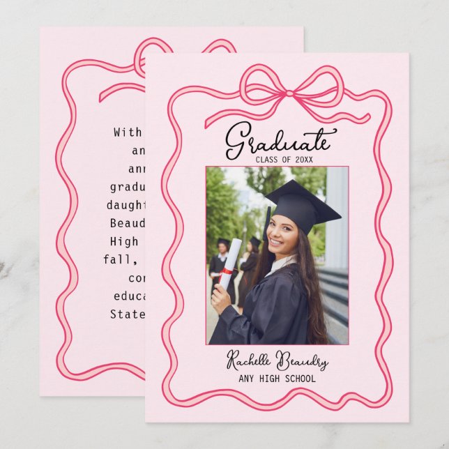 Anúncio Pink Coquette Bow Frame Graduate Photo Graduation  (Frente/Verso)