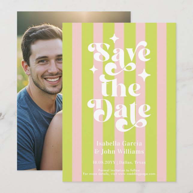 Anúncio Pink Green Retro Typography Wedding Save The Date (Frente/Verso)