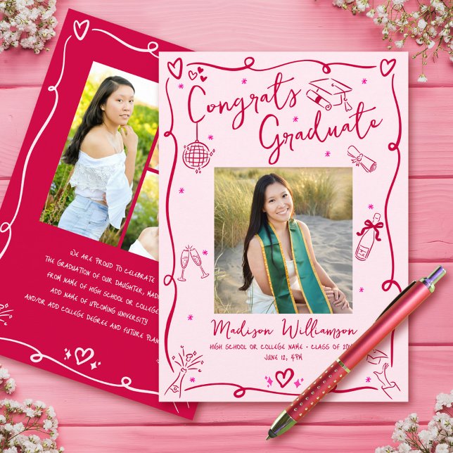 Anúncio Pink Red Hand Drawn Doodles Graduation 4 Photo Fun (Criador carregado)