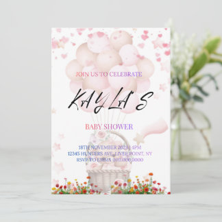 Anúncio Pink Teddy Bear and Balloons Baby Shower Invite