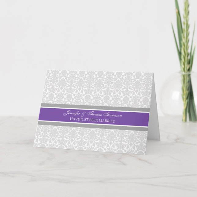 Anúncio Plum Cinza Damask Recem casados Annountion Card (P (Frente)