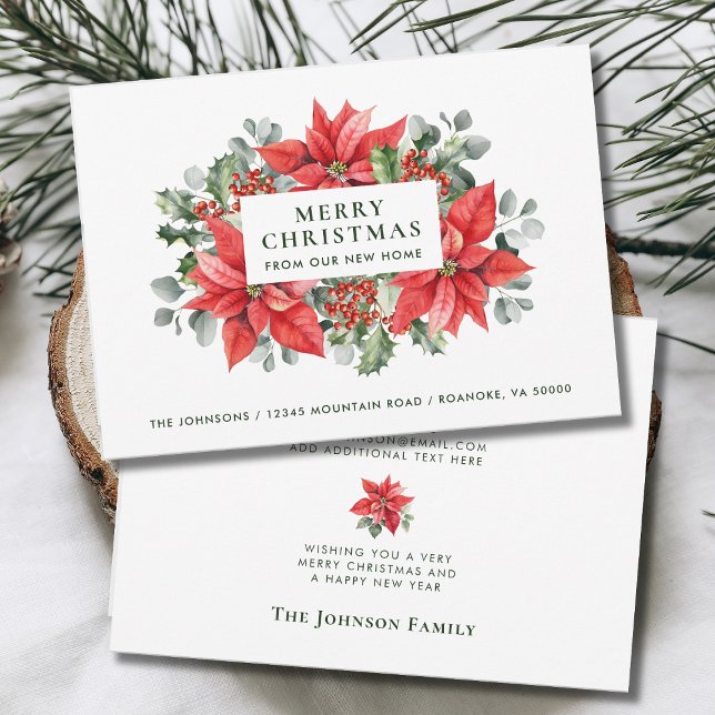 Anúncio Poinsettias Feliz Natal de Nova Casa (Red Poinsettias Merry Christmas from Our New Home Holiday Moving Announcement with Envelope)