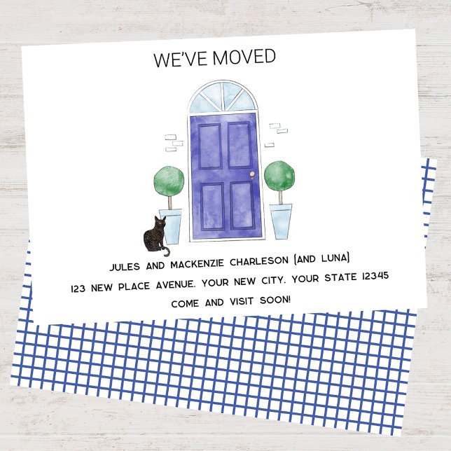 Anúncio Porta Azul e Gato Que Mudamos Para Casa (Blue door cat watercolor custom text new home we I have moved change of address moving announcement)