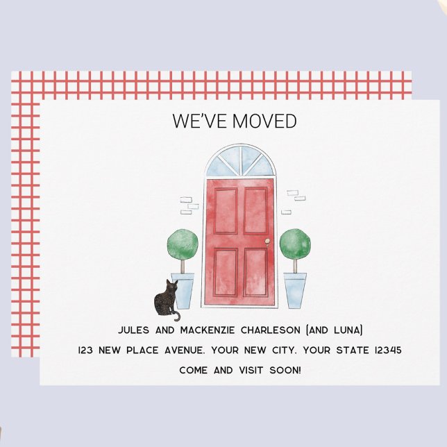 Anúncio Porta Vermelha e Gato Mudamos para Nova Casa (Red door cat watercolor custom text new home we I have moved change of address moving announcement)