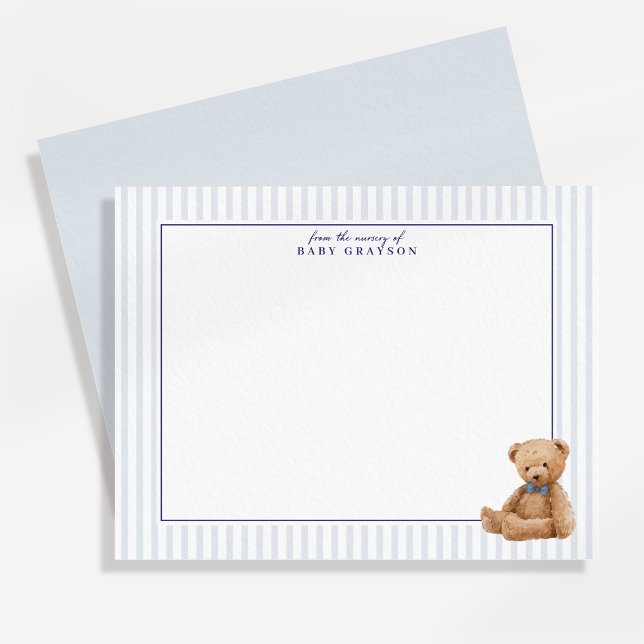 Anúncio Preppy Blue Striped Teddy Bear Nursery note card (Criador carregado)