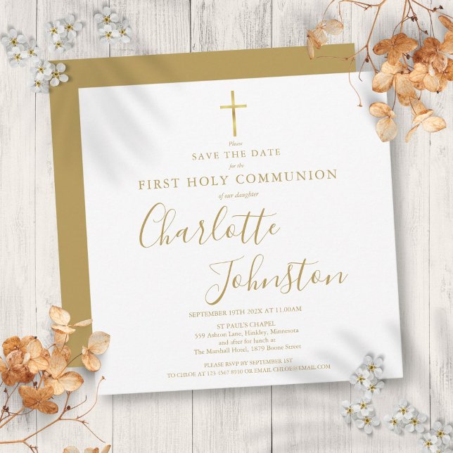Anúncio Primeira Comunhão Solene Dourada Elegante Salve a  (Elegant First Holy Communion Gold Save The Date Announcement)