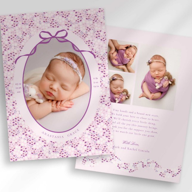 Anúncio Purple Ditsy Floral Bow Photo Birth Announcement (Criador carregado)