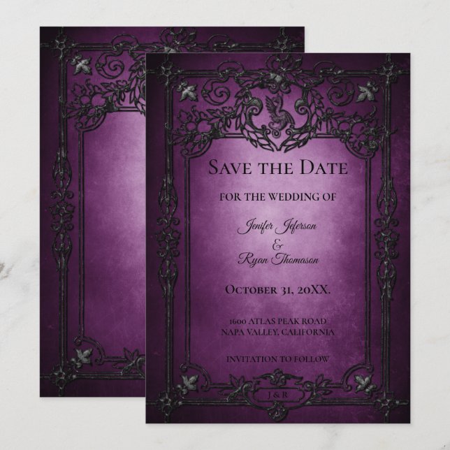 Anúncio Purple Gothic Halloween wedding save the date (Frente/Verso)