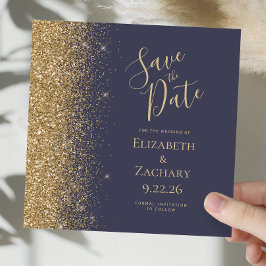 Anúncio Quadrado Azul Escuro Glitter Dourado Salve a Data