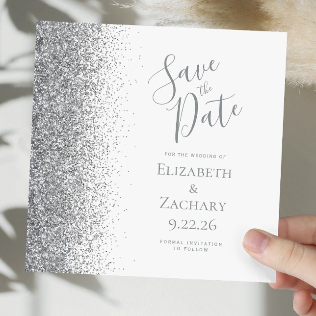 Anúncio Quadrado Branco Prateado Glitter Save the Date (Criador carregado)