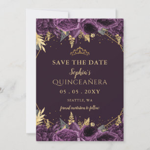 Anúncio Quinceañera Floral Dourada Roxa Salve a Data