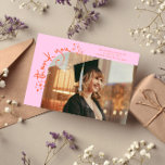 Anúncio Quirky Stars Orange Pink Grad Photo Thank You<br><div class="desc">Quirky and whimsical graduation announcement photo card featuring a photo on the front and 1 on the back. The text says "thank you" in quirky hand writing with stars and confettis. Add the graduate's name,  information,  and message to personalize this card. Orange and pink.</div>
