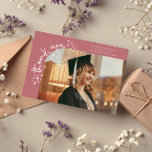 Anúncio Quirky Stars Pink Grad Photo Thank You<br><div class="desc">Quirky and whimsical graduation announcement photo card featuring a photo on the front and 1 on the back. The text says "thank you" in quirky hand writing with stars and confettis. Add the graduate's name,  information,  and message to personalize this card. Pink.</div>