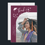 Anúncio Quirky Thank You Stars Cranberry Graduate Photo<br><div class="desc">Quirky and whimsical graduation announcement photo card featuring a curved photo on the front and 1 on the back. The text says "Thank You" with hand drawn stars and a graduation cap. Add the graduate's name,  information,  and message to personalize this card. Cranberry background.</div>