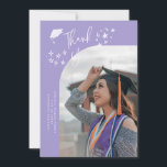Anúncio Quirky Thank You Stars Lilac Graduate Photo<br><div class="desc">Quirky and whimsical graduation announcement photo card featuring a curved photo on the front and 1 on the back. The text says "Thank You" with hand drawn stars and a graduation cap. Add the graduate's name,  information,  and message to personalize this card. Lilac background.</div>