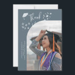 Anúncio Quirky Thank You Stars Slate Blue Graduate Photo<br><div class="desc">Quirky and whimsical graduation announcement photo card featuring a curved photo on the front and 1 on the back. The text says "Thank You" with hand drawn stars and a graduation cap. Add the graduate's name,  information,  and message to personalize this card. Slate blue background.</div>