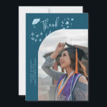 Anúncio Quirky Thank You Stars Teal Graduate Photo<br><div class="desc">Quirky and whimsical graduation announcement photo card featuring a curved photo on the front and 1 on the back. The text says "Thank You" with hand drawn stars and a graduation cap. Add the graduate's name,  information,  and message to personalize this card. Teal background.</div>
