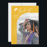 Anúncio Quirky Thank You Stars Yellow Graduate Photo<br><div class="desc">Quirky and whimsical graduation announcement photo card featuring a curved photo on the front and 1 on the back. The text says "Thank You" with hand drawn stars and a graduation cap. Add the graduate's name,  information,  and message to personalize this card. Yellow background.</div>