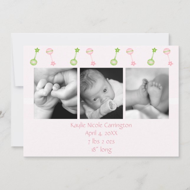 Anúncio Rattle n Roll Birth Annoucimento (rosa) (Frente)