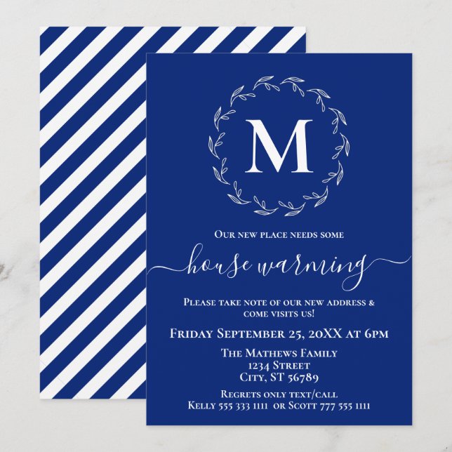 Anúncio Real Blue White Wreath Monograma House Aquecimento (Frente/Verso)