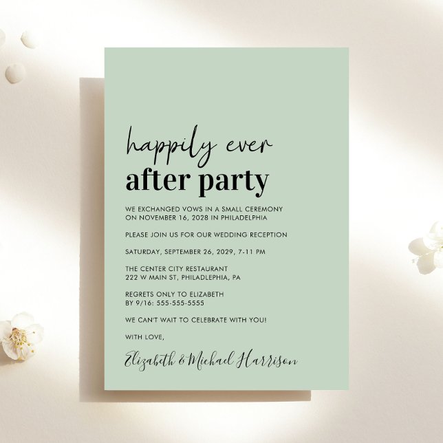 Anúncio Recepção de Casamento Minimalista Moderna em Verde (An chic Happily Ever After Party invitation for your wedding celebration)