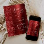 Anúncio Red Brushed Metal Script Save the Date<br><div class="desc">This elegant modern wedding save the date card features a red brushed metal background decorated with faux diamond glitter. The customizable text combines white script and sans serif fonts. The reverse side repeats the red brushed metal and glitter design.</div>