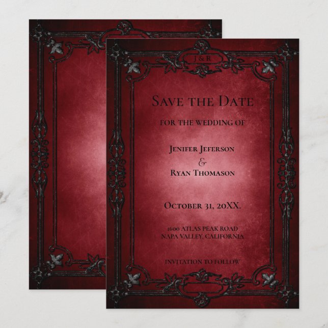 Anúncio Red Gothic Halloween wedding save the date (Frente/Verso)