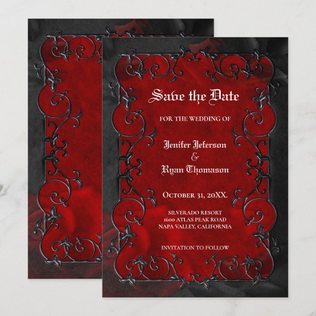 Anúncio Red Gothic halloween wedding save the date (Frente/Verso)