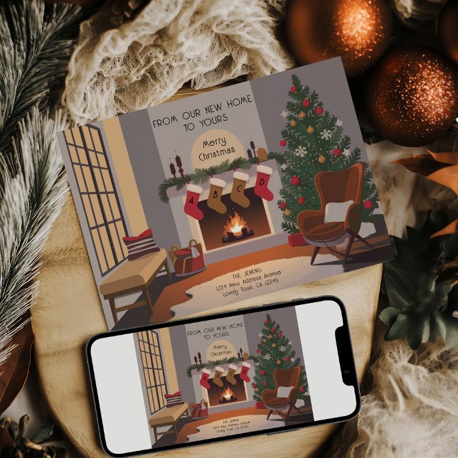 Anúncio Retro Cozy Sala de Natal em Movimento (Retro Cozy Christmas Monogram Stockings Card .. Holiday Moving Announcement by Darling & May)
