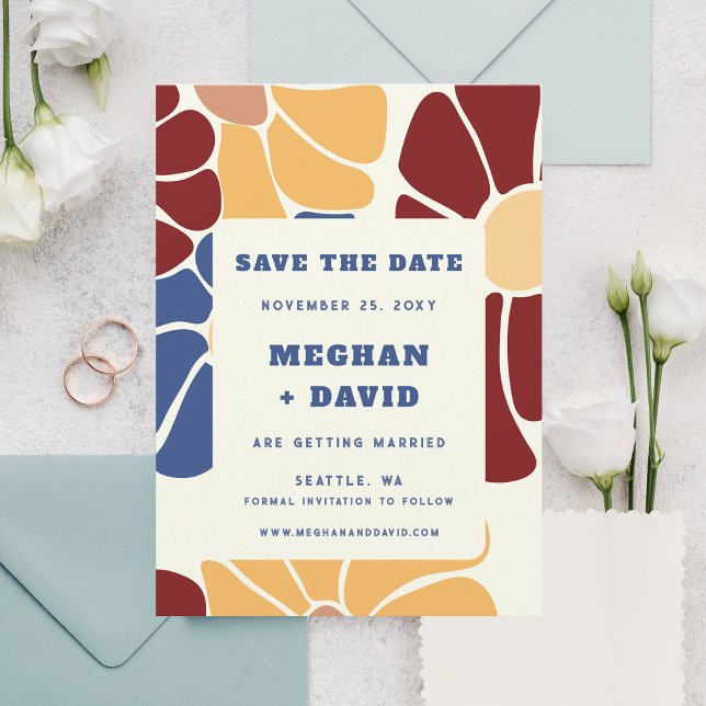 Anúncio Retro Groovy Boho Chic Floral Salvar A Data (Retro Groovy Boho Chic Floral Save The Date Announcement)