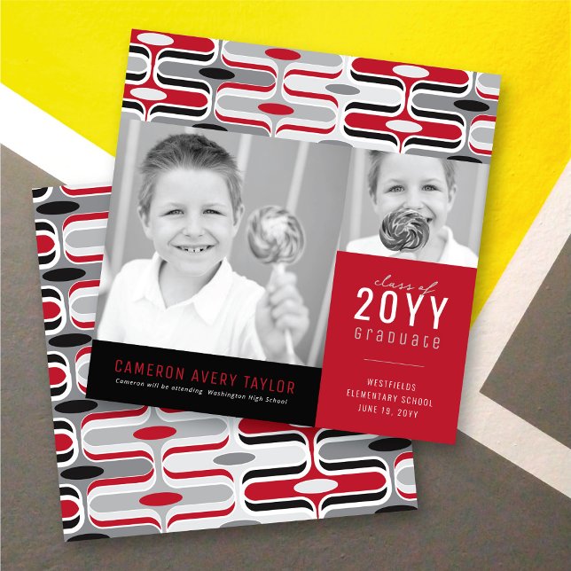 Anúncio Retro Mod Vermelho e Preto Ogee 2 Graduação com Fo (Retro Mod Pink & Mint Green Ogee Zig Zag, 2 Photo Graduation Invitation @ zazzle.com/color_therapy)