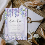 Anúncio Romantic Lavender Wisteria Save the Date<br><div class="desc">Romantic Lavender Wisteria Save the Date Card | Purple Floral Garden Wedding Announcement . Announce your special day with this elegant lavender wisteria floral arch save the date card, designed for romantic garden and outdoor weddings. Cascading watercolor wisteria blooms in soft shades of lavender and lilac create a beautiful botanical...</div>