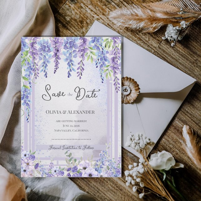 Anúncio Romantic Lavender Wisteria Save the Date (Romantic Lavender Wisteria Save the Date Card | Purple Floral Garden Wedding Announcement)