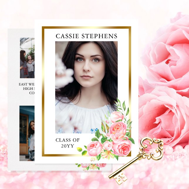 Anúncio Rosa Floral 4 Foto Colagem Dourada Graduação de Qu (Rose Floral Four Photo Collage Gold Tone Frame Graduation Announcement for Print | Download)