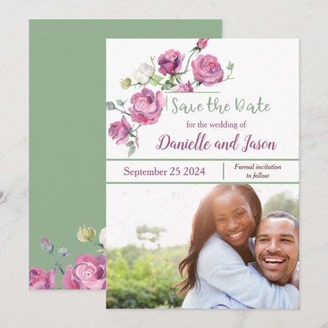 Anúncio Rosa Mauve e Sage Photo Save the Date (Salvar a da (Frente/Verso)