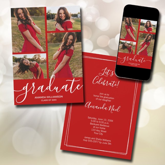 Anúncio Roteiro Moderno 4 Foto Graduação Escarlate (Modern script 4 photo scarlet red graduation announcements - PRINTED and/or INSTANT DOWNLOAD)