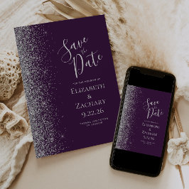 Anúncio Roxo Escuro Prateado Glitter Save the Date