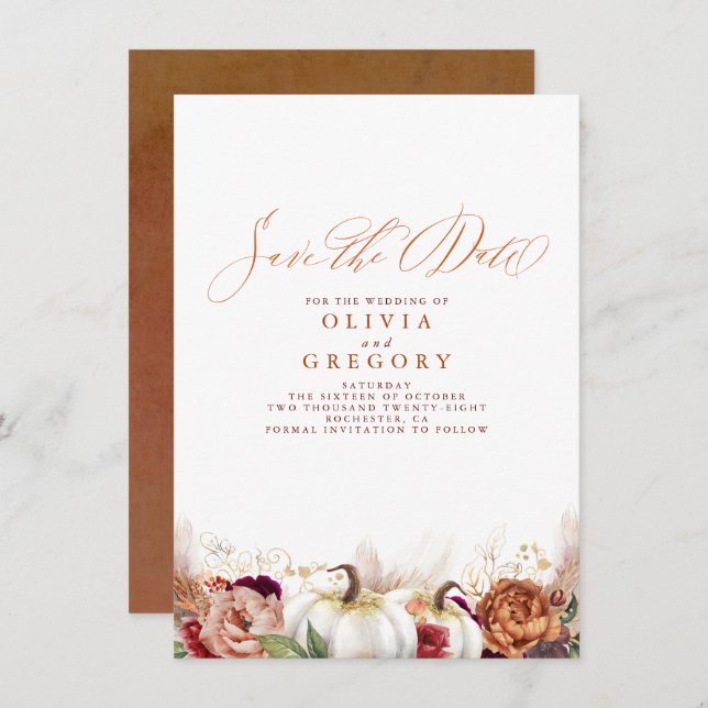 Anúncio Rust Terracotta Floral Pumpkins Cai Salvar Data (Frente/Verso)