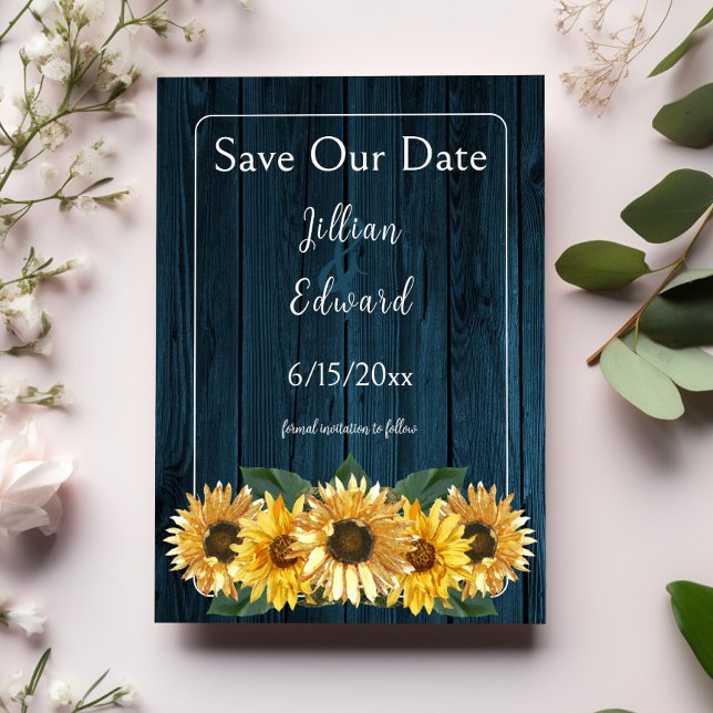 Anúncio Rustic Blue Sunflower Save Date (Rustic Blue Sunflower Save the Date)
