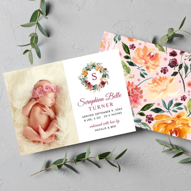 Anúncio Rustic Burgundy Floral Wreath Monograma Foto Nasci (Criador carregado)