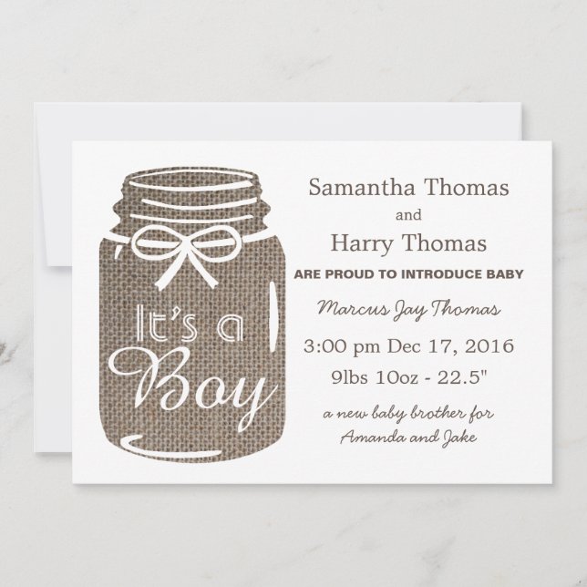 Anúncio Rustic Burlap Mason Jar New Baby Boy (Frente)