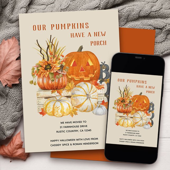 Anúncio Rustic Farmhouse Pumpkins New Porch Moving (Fun halloween themed moving announcement to let your friends know your pumpkins have a new porch!)