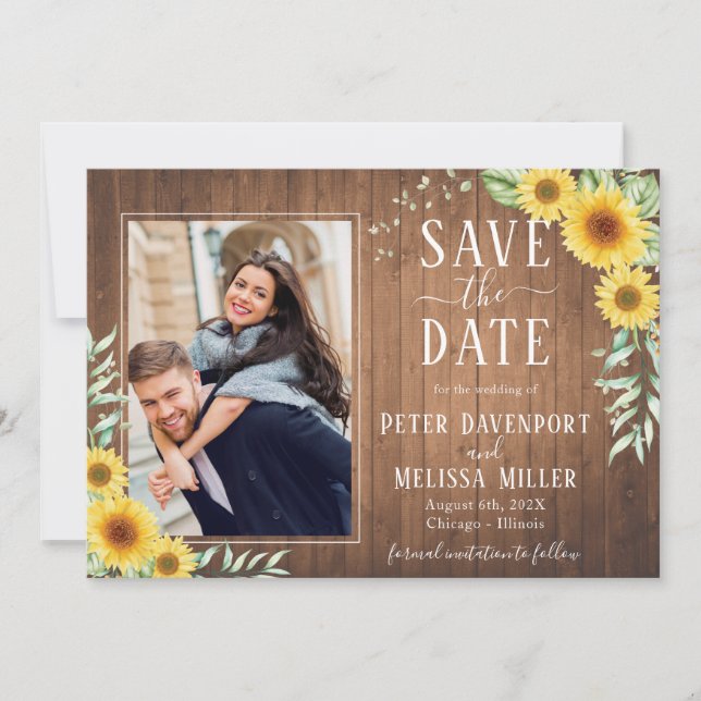 Anúncio Rustic Sunflower Weding Photo Save the Date (Foto  (Frente)