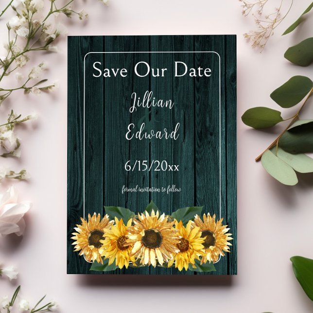 Anúncio Rústico Teal Sunflower Salva Data (Rustic Teal Sunflower Save the Date)