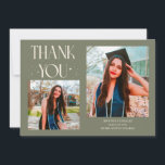 Anúncio Sage Green Graduate Thank You 2-Photo<br><div class="desc">Modern and whimsical graduation announcement photo card featuring 2 photos on the front and 1 on the back. The text says "THANK YOU" with twinkling stars. Add the graduate's name,  information,  and message to personalize this card. Sage green.</div>