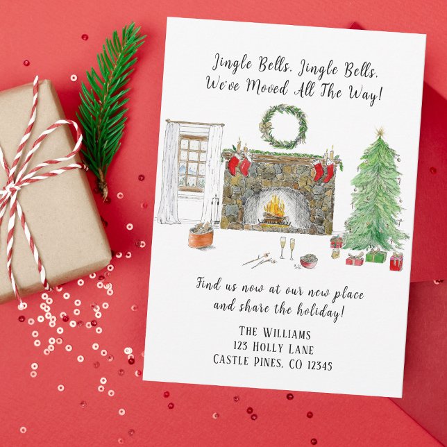 Anúncio Sala de estar de Natal em aquarela com mudança de  (Capture the warmth and festivity of your move with this delightful card.)
